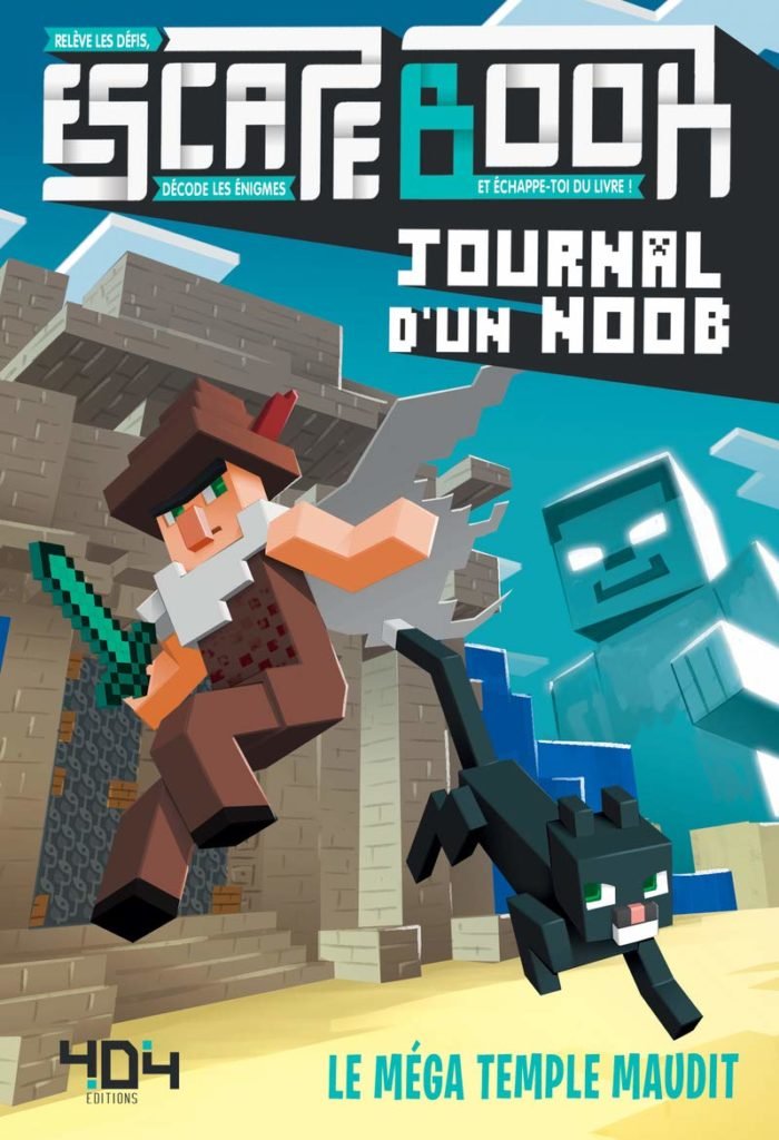 Critique Escape Book Journal d'un Noob, le Méga temple maudit couverture : le héros et le chat, dans un style inspiré du jeu vidéo Minecraft, sautent pour échapper à une entité menaçante.