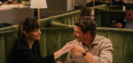 Dakota Johnson and Pedro Pascal on the set of The Materialists.